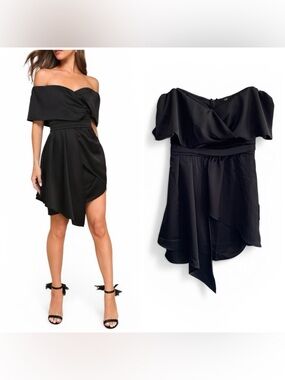 Lulus Always Celebrating Black Satin Off-the-Shoulder Mini Dress New Medium